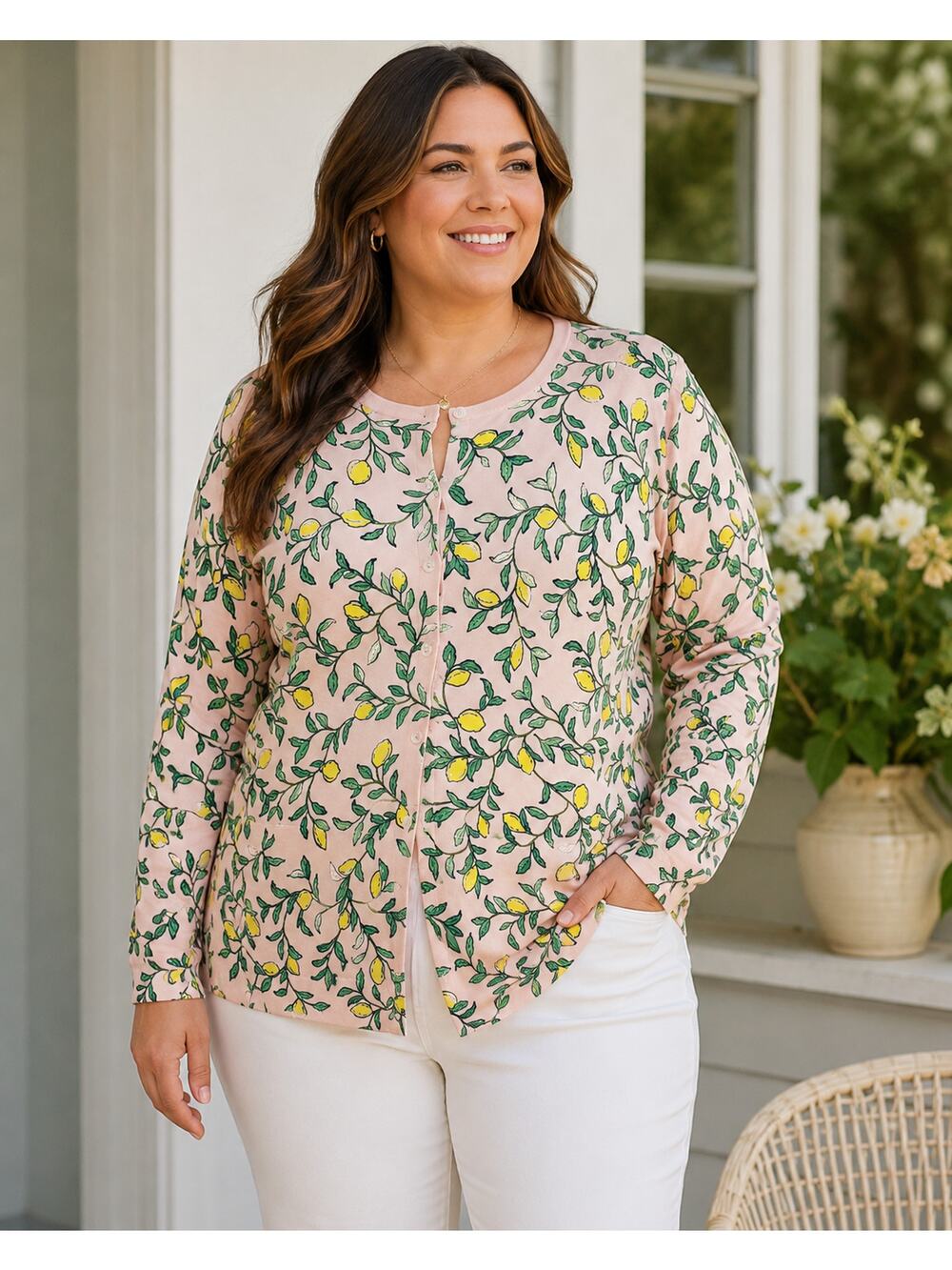 Lands' End SZ XL/18 Pink Cardigan Sweater With Lemons Art To Wear Cotton Plus